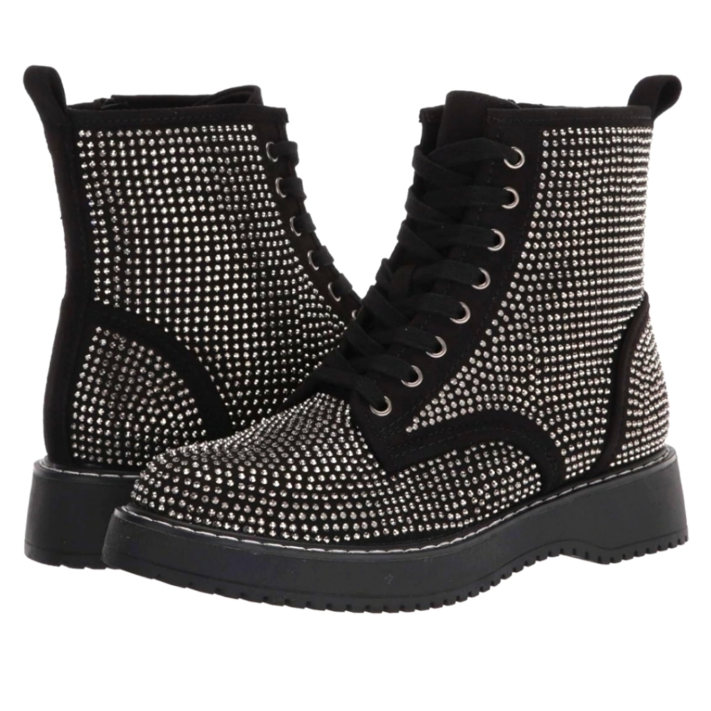 Madden Girl women's Kurrt-R lace-up rhinestone studded combat boot sz 6 black